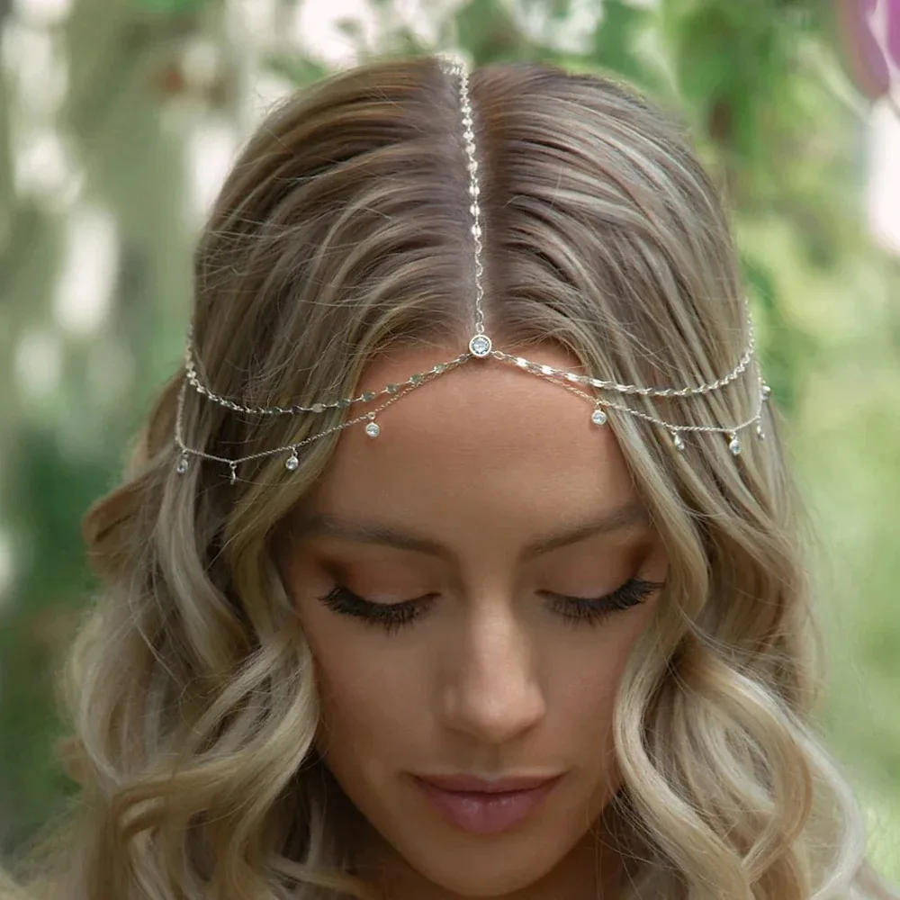 Elegant Simple Bridal Hair Chain with Crystal Pendant Headwear European And American Trendy Accessory for Brides