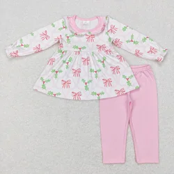 Wholesale Baby Girl Christmas Bow Long Sleeves Tunic Children Outfit Pink Cotton Leggings Pants Clothing Toddler Kids Set