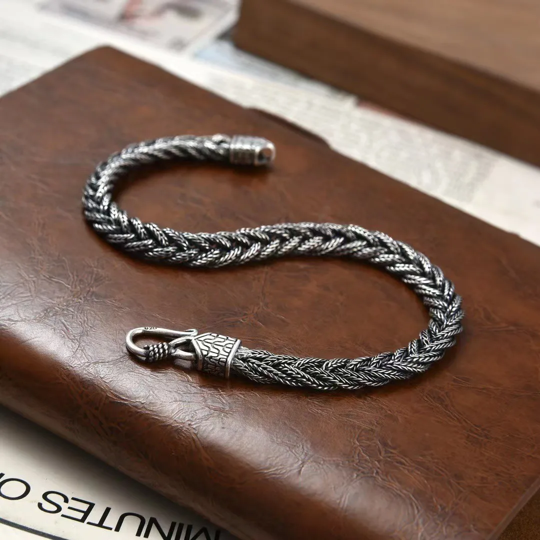 S925 Sterling Silver Vintage Twisted Braided Bracelet Men Craft Bangle Retro Punk Daily Wear Jewelry Gift