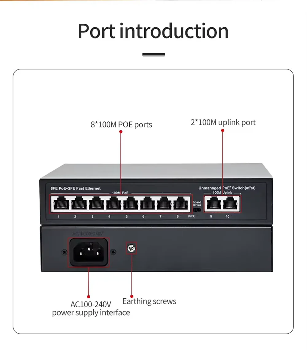 Коммутатор POE, 10 портов, 100 Мбит/с, 8 портов PoE + 2 порта uplink, стандартный протокол POE, 120 Вт, встроенное питание для камеры POE