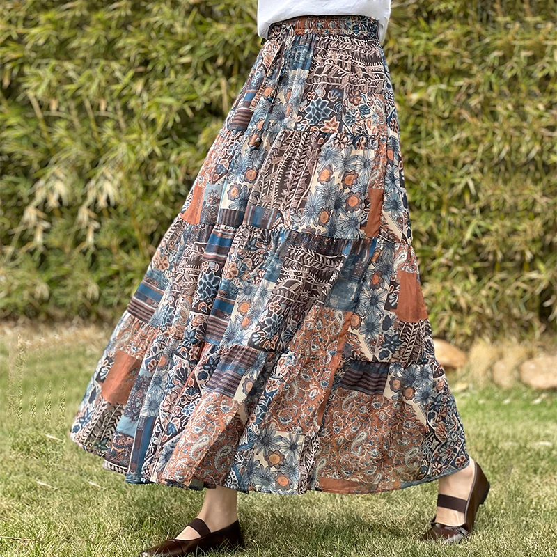 F-Rock aus Seide mit abstraktem Druck und elastischer Taille, lockere Passform, Midirock für Damen, Sommersaison, normal, dünn