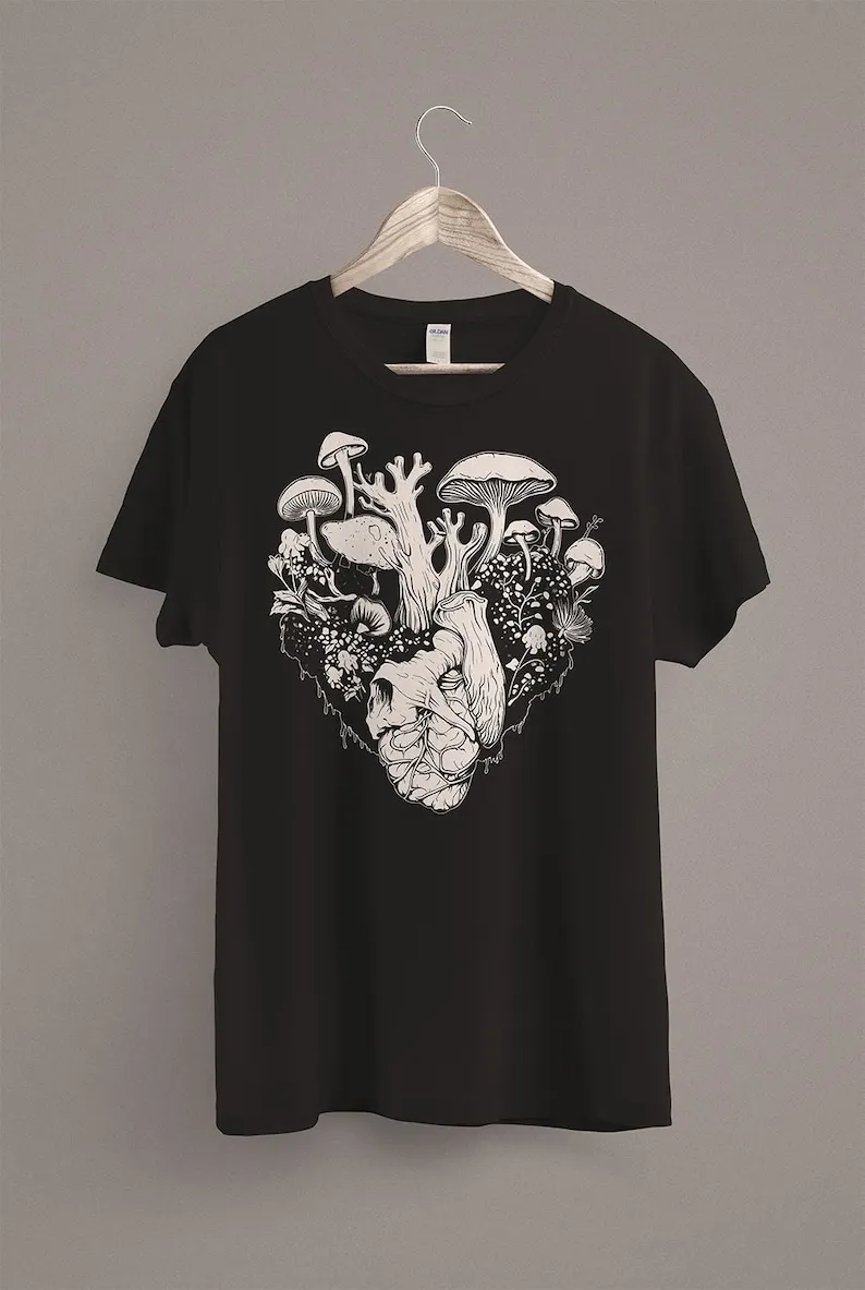 

Cottagecore Mushroom Heart TShirt Fairycore Fairy Grunge Clothing Goblincore Aesthetic Witchy Botanical Shirt