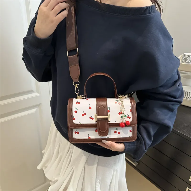 Cherry Printed Messenger Bag Cute Splicing Design Contrasting Color Fresh Style Simple Handbag Shoulder Bag for Women Girls view 3