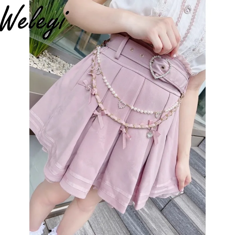 

Jirai Kei Rojita Mine Tie Bow Bead Chain Pleated Skirt Ropa De Mujer 2024 Autumn Sweet Versatile Mass Production Love Belt Jupes