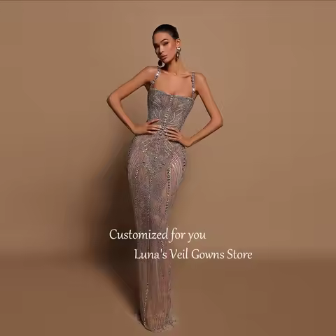 LunaV New Crystal Evening Dress Detachable Train Beaded Luxury Spaghetti Straps Wedding Party Gown Customized Strapless Dress