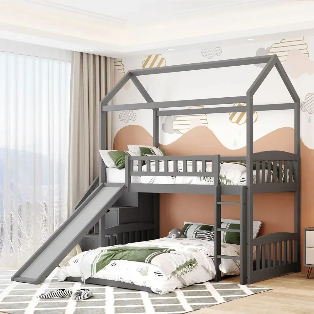 Litera con tobogán Litera doble de madera con escaleras para niños, litera para casa con techo para niños o niñas, Camas Muebles De Dormitorio