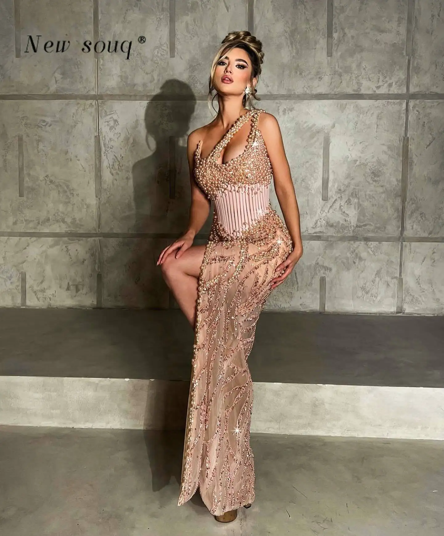 Light Pink One Shoulder Pearls Beaded Corset Evening Dresses Sexy Thigh-High Side Slit Sleeveless Long Prom Party Gowns