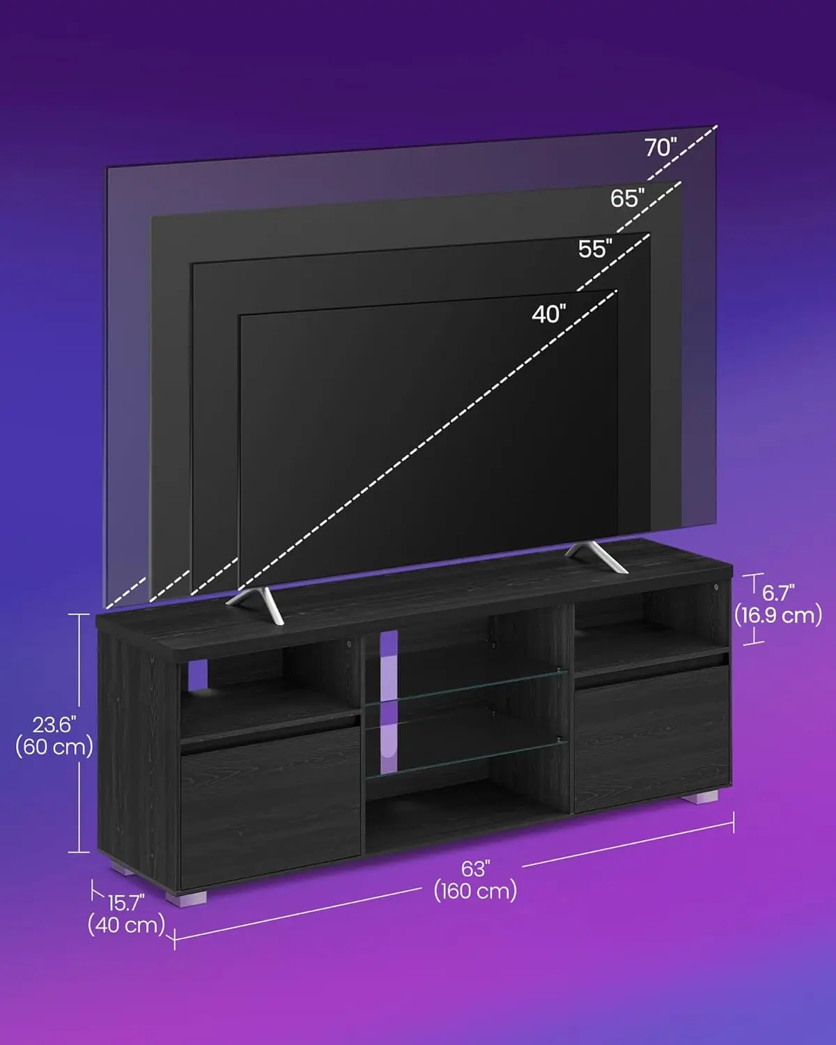 TV Stand with LED Lights for TVs up to 70 Inch, Entertainment Center with Open Glass Shelves, 2 Cabinets with Doors 63-Inch Long