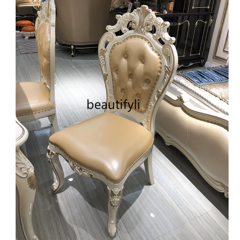

European solid wood first layer cowhide dining chair American pearl white, study armchair hotel
