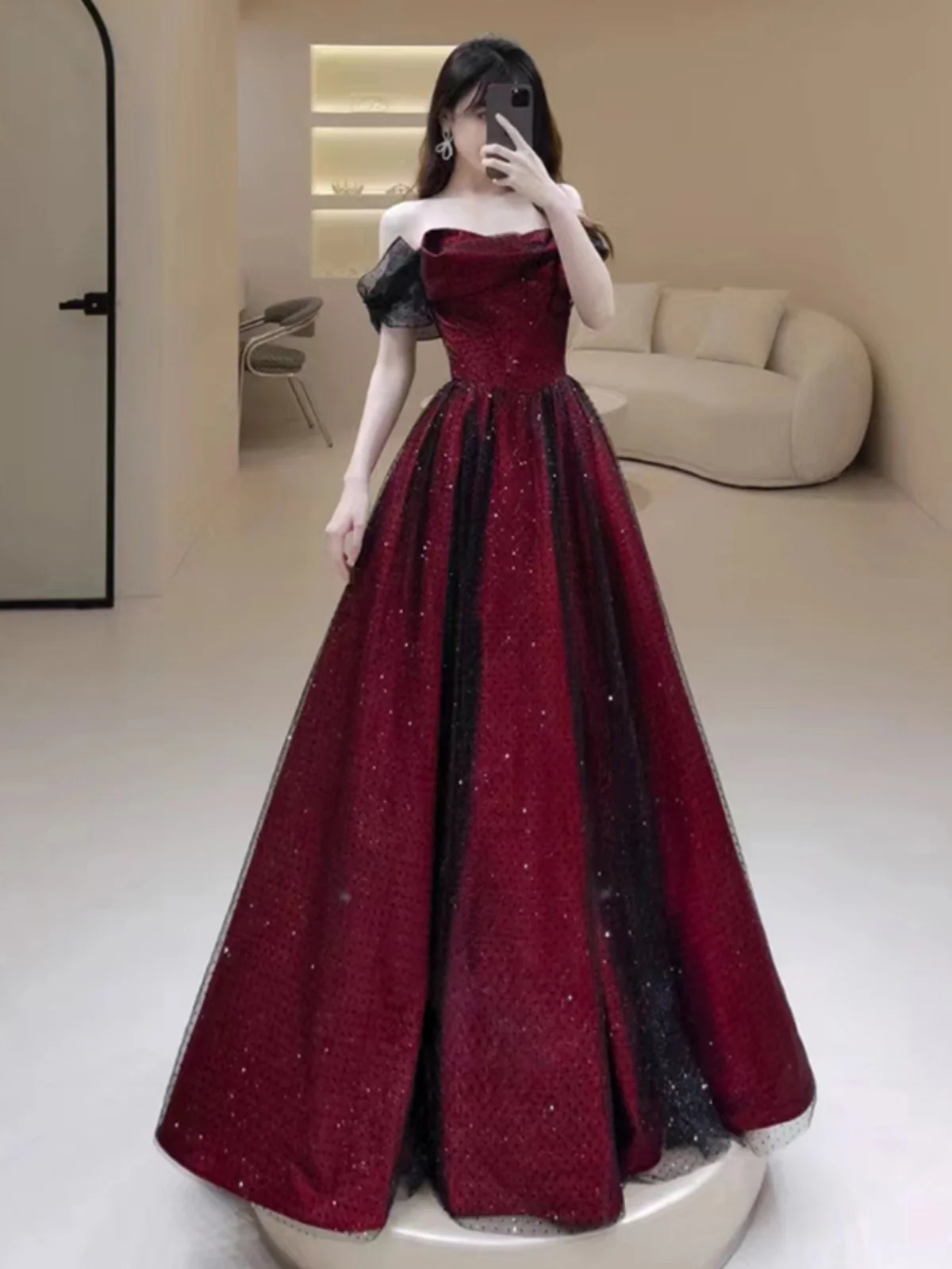 Customized Wine Red Evening Dress Banquet Elegant Simple Boat Neck A-line Polka Dots Prom Party Gowns Vestidos De Noche