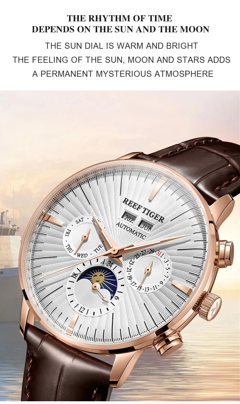 Reef Tiger Men นาฬิกาอัตโนมัติ 42 มม.นาฬิกาข้อมือ 50M กันน้ํา LumeSapphire Mirror Multi-Dial เดือนสัปดาห์วันที่