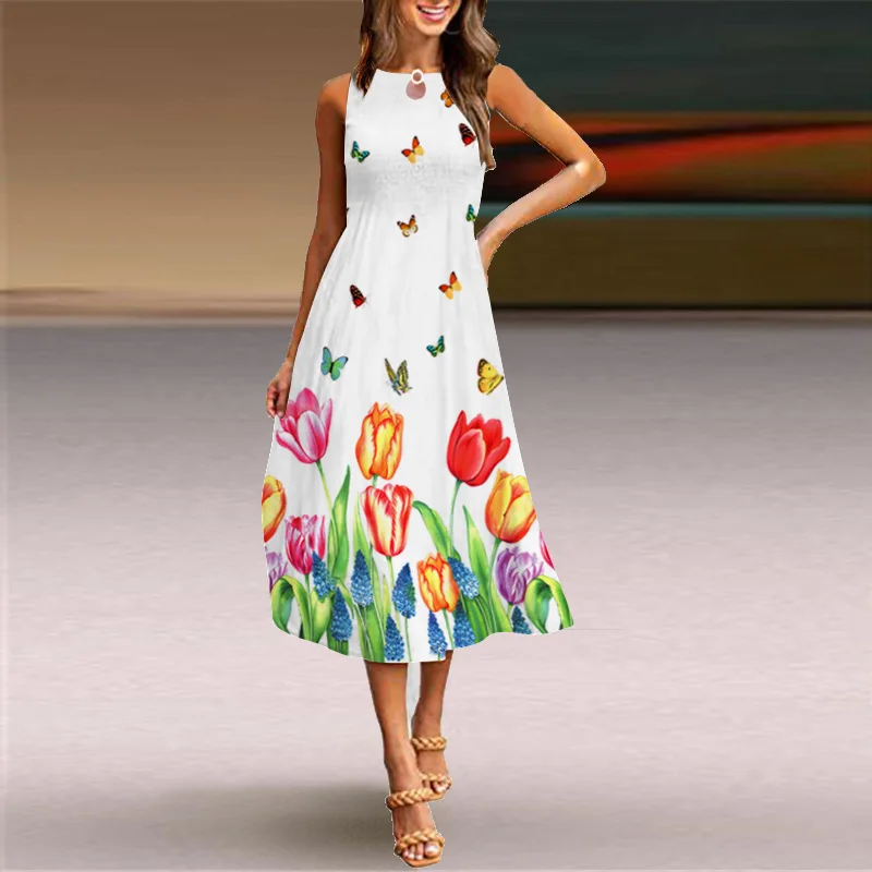 2022-Border European and American Sleeveless Dress Women's Casual Floral Print Swing Dress Bohemian Beach Long Skirt