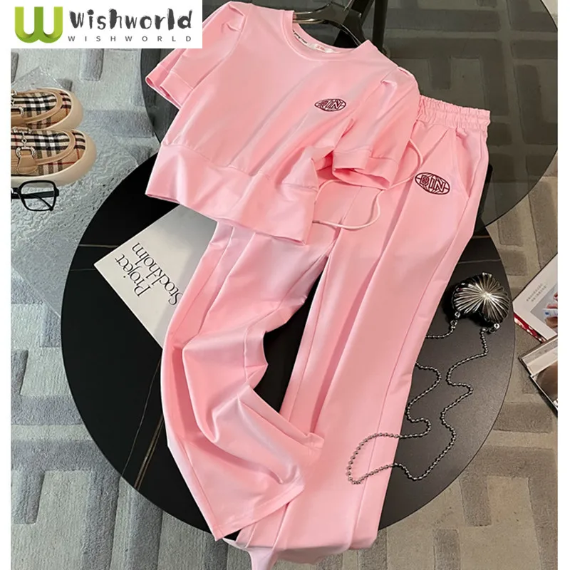 

Fashion Casual Sports Suit for Women Spring and Summer Stylish and Age Reducing Short Sleeved Wide Leg Pants Two-piece Set