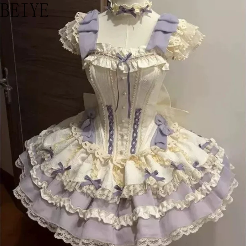 Purple Lolita Short Sleeve Dress Women Ballet Princess Dress Antique Short Lolita Dresses Female Summer Super Fairy Dress