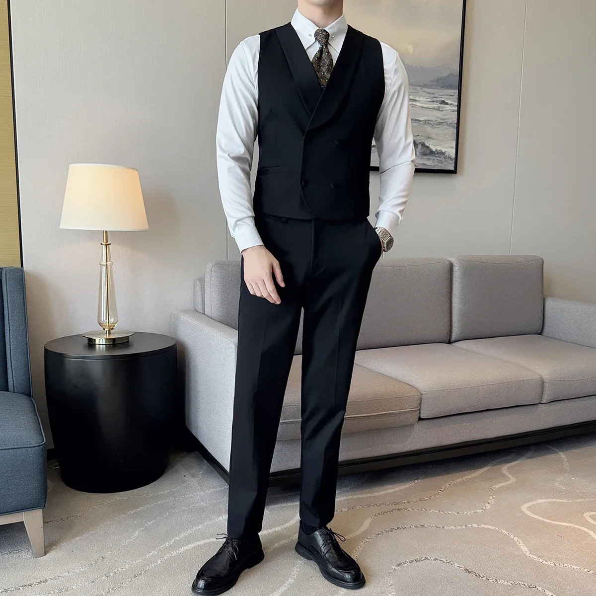 High-end Double-breasted Suit Vest With Pants 2024 New Men Fashion Slim Business Casual Best Groom Wedding Dress Vest  2 Pcs Set