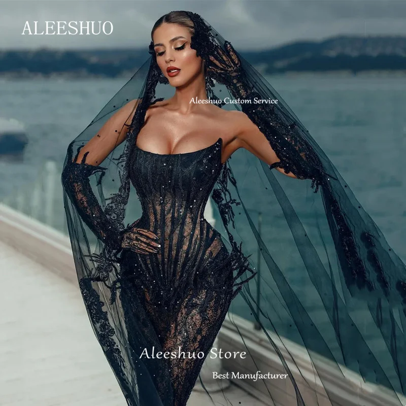 Aleeshuo sexy preto tule sem alças sereia vestido de noite glitter lantejoulas ilusão renda sem mangas vestido de noite personalizado