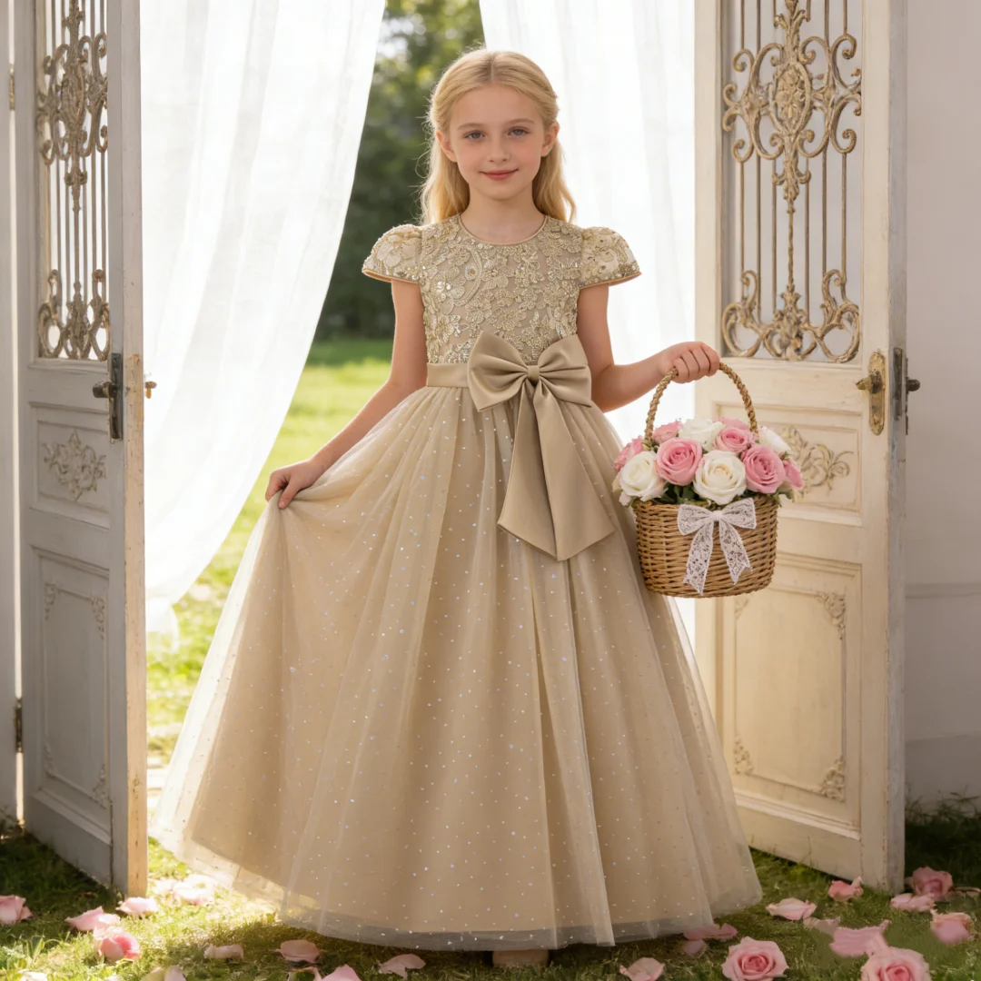 Girls Flower Embroidery Party Dress Kids Big Bow Long Wedding Bridesmaid Prom Gown Girl Fashion Lace Birthday Clothes Costumes