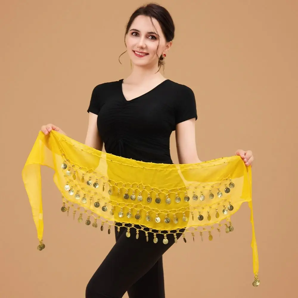 Moedas de cor dourada dança do ventre lenço de quadril três camadas material chiffon lenço de quadril envoltório ajustável ajuste confortável