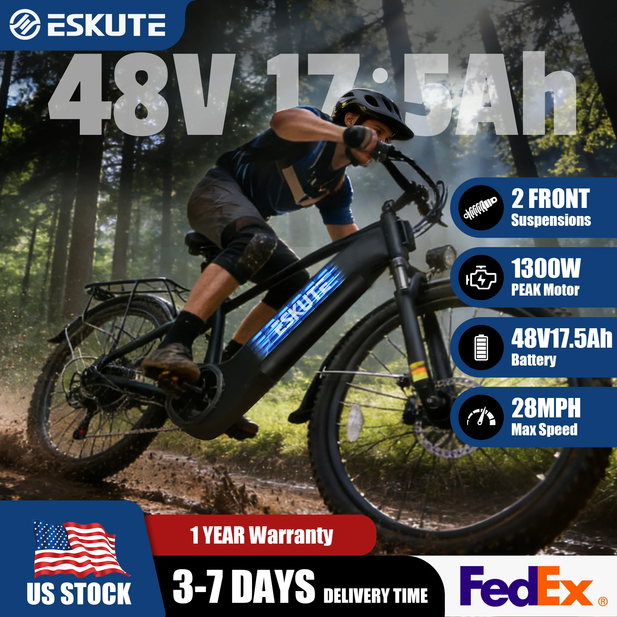 

ESKUTE C200 SO Electric Bicycle – 26" Mountain ectric Bike, 1300W Peak, 28MPH, 48V 20.8Ah Battery Commuert E-Bike