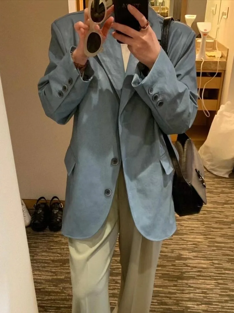 

Chic Street Sle Women's PU Leather Jaet Neutro Wind Suit Coat Long Sve Tailored Collar Casual Faion Outerwear