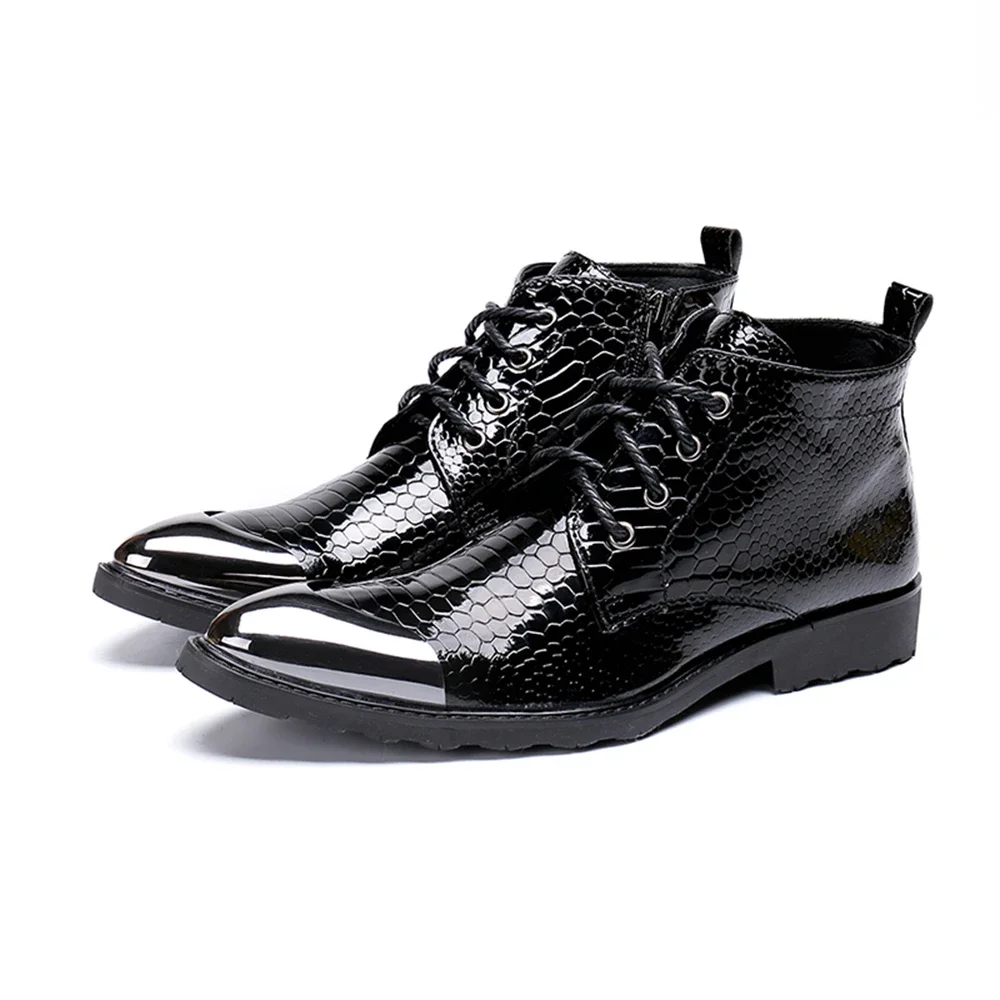 Black Patent Leather With Metal Lace-Up Zipper Low Heels Pointed Toe Boots Male Plus Size Business British Style Dress Shoes