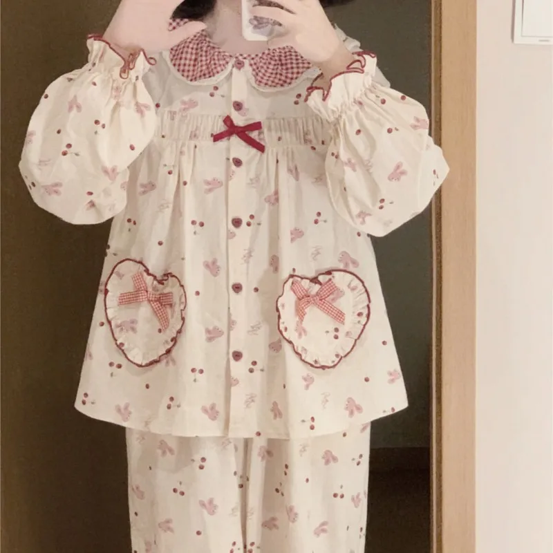 Japan Style Sweet Heart Print Pajama Sets Women Aesthetic Home Students Girlish Sleepwear Loose Casual Pockets Clothing Summer