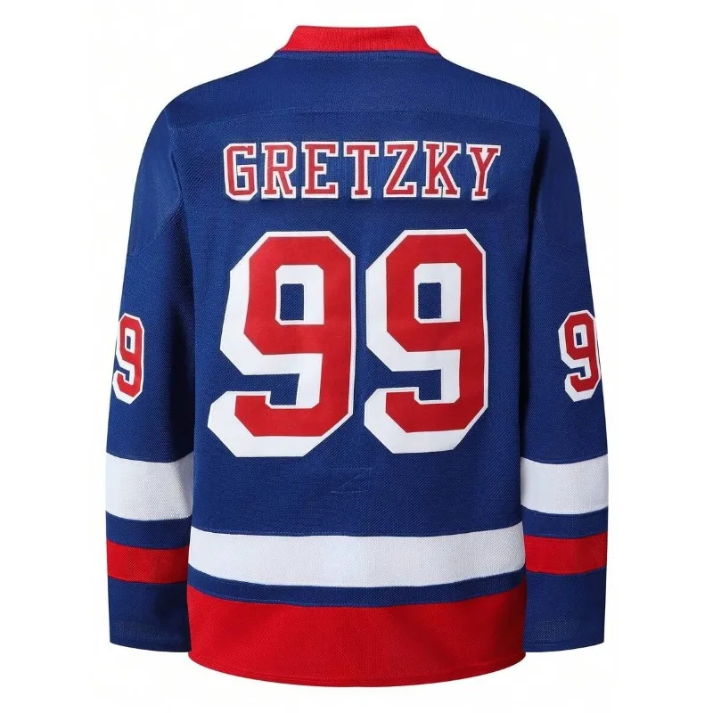Hot 3D Print Gretzky 99 Inspired New York Hockey Jersey Unisex Blue Red White Striped V‑Neck Long Sleeve Fan Sports Casual Top - view 3
