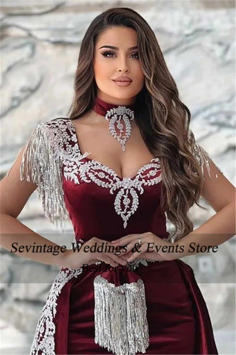 Sevintage Elegant Burgundy Mermaid Evening Dress 2 Pieces Lace Appliques Prom Gown High Side Slit Floor Length Algerian Outfit