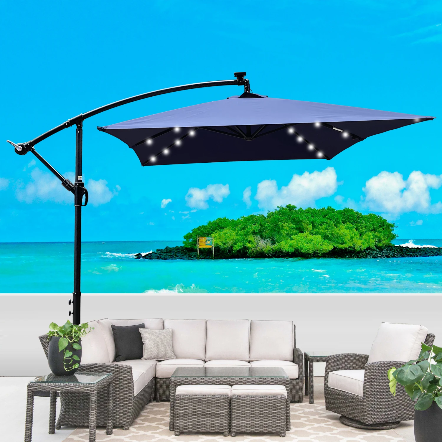 Rectangle 2x3M Outdoor Patio Umbrella Solar Powered LED Lighted Sun Shade Market Waterproof 6 Ribs Umbrella with Crank and Cross