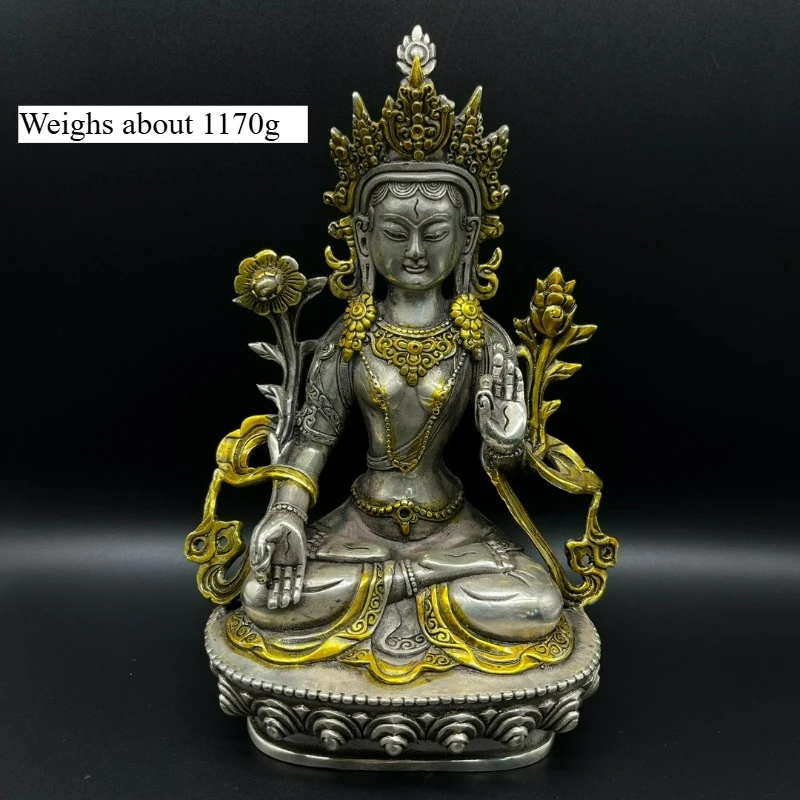 White Copper Gilded Silver Tantric Green Tara Buddha Statue Furniture Living Room Decorations Feng Shui Ornaments Crafts Gifts