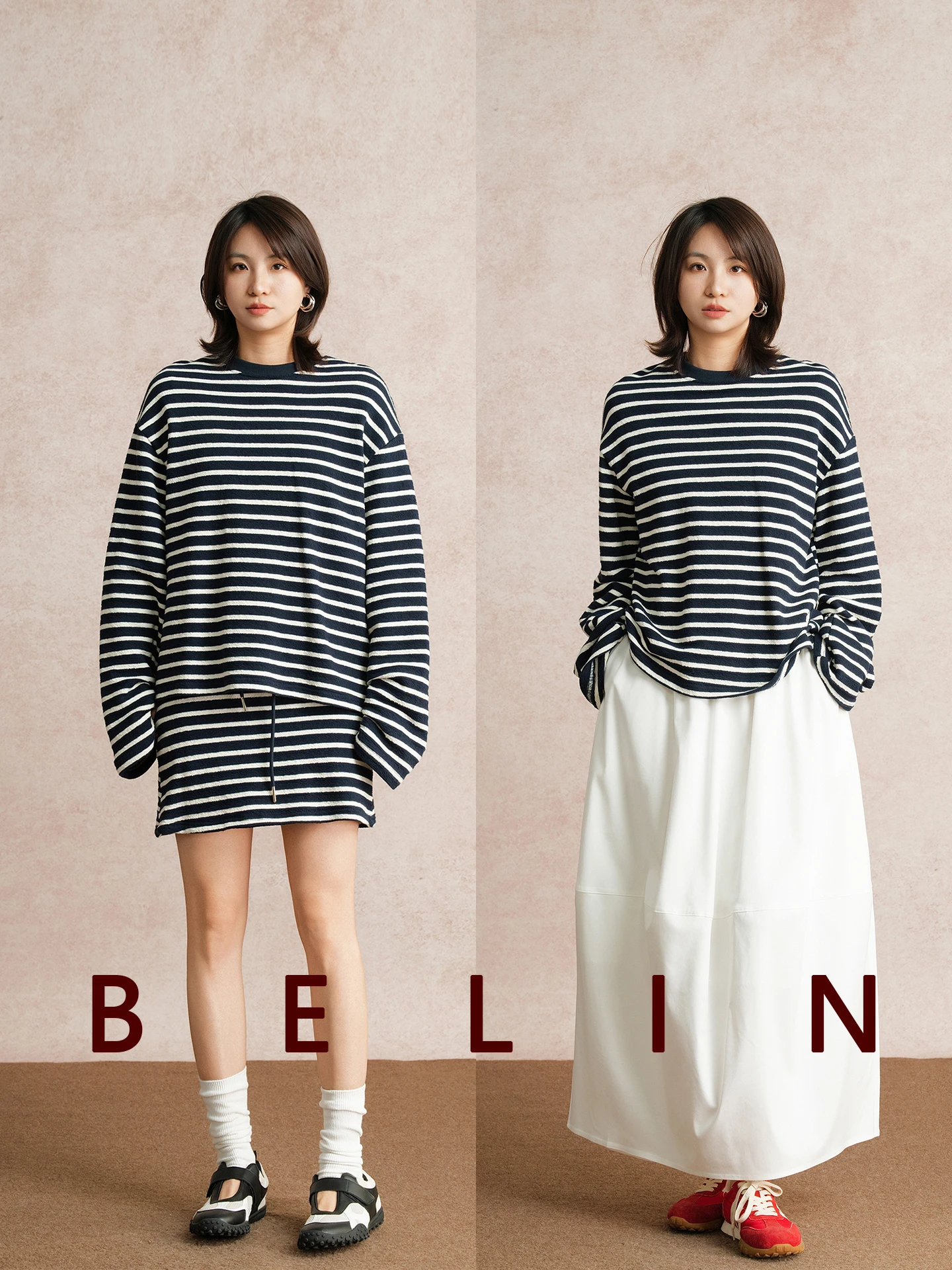 

Belin Fuzzy Cotton Knitwear T-irt Long Sve Striped round Ne Loose Feel Faionable Two-Piece Set for Women Spring Autumn