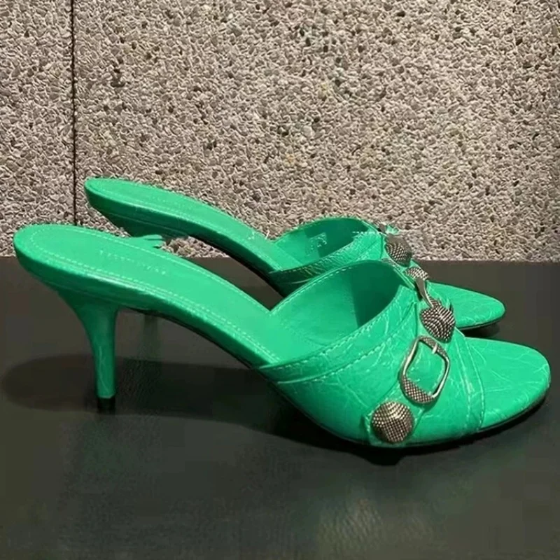 Summer Metal Buckle Strap Women's Sandals Round Toe Thin High Heels Breathable Female Pumps Peep Toe Slip-on Sexy Madam Slippers view 3