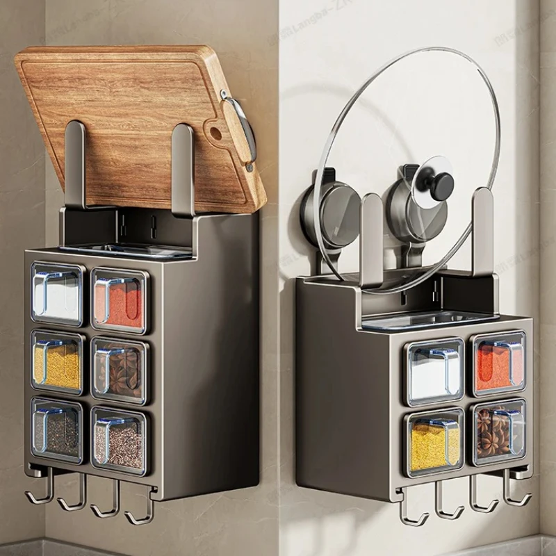 

‌ Полка для специй на присоске — настенный органайзер для кухни, универсальная полка с крючками, хранилище для банок с приправами и крышек для кастрюль