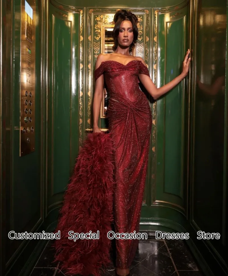 Generous Red Evening Gown Mermaid Off Shoulder Bling Sequins Pleated Wedding Party Dresses For Girls Prom Dress Long Customized