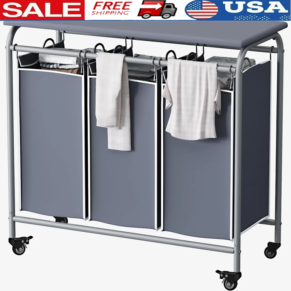 Heavy Duty Laundry Hamper Cart with Ironing Board 3 Bag Sorter Rolling Wheels Waterproof Rust-Proof Metal Frame Grey