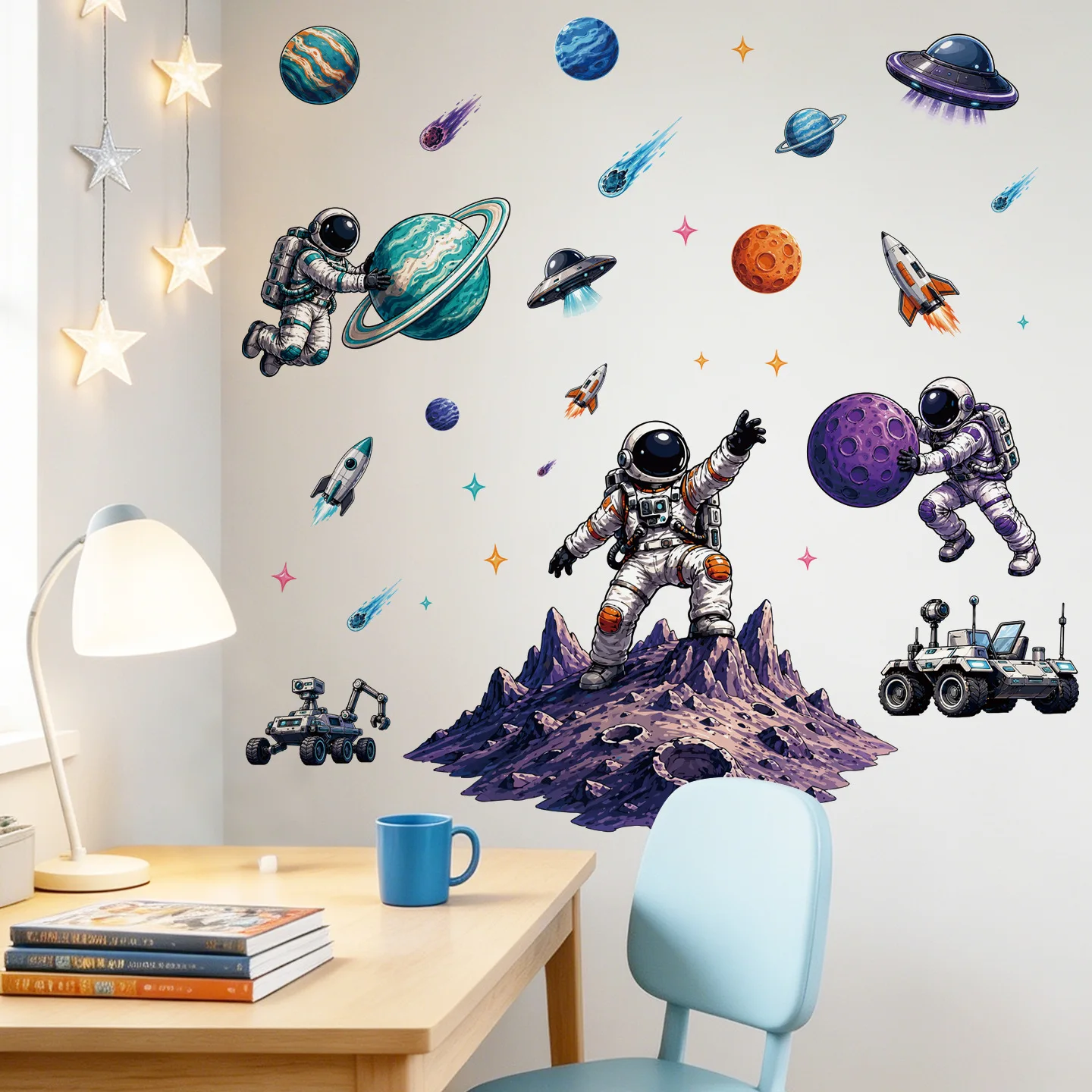 3D Creative Planetary Astronauts Wall Sticker Home Decor Cartoon Kids Room Bedroom Period Print Decal Mural Art Sky Poster Gift