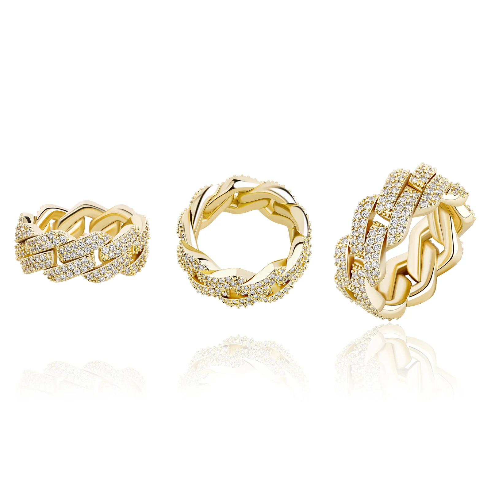 Iced Out Rhombus Cuban Link Ring Full Paved Hip Hop Unisex Index Finger Ring Personality Statement Party Jewelry Wholesale