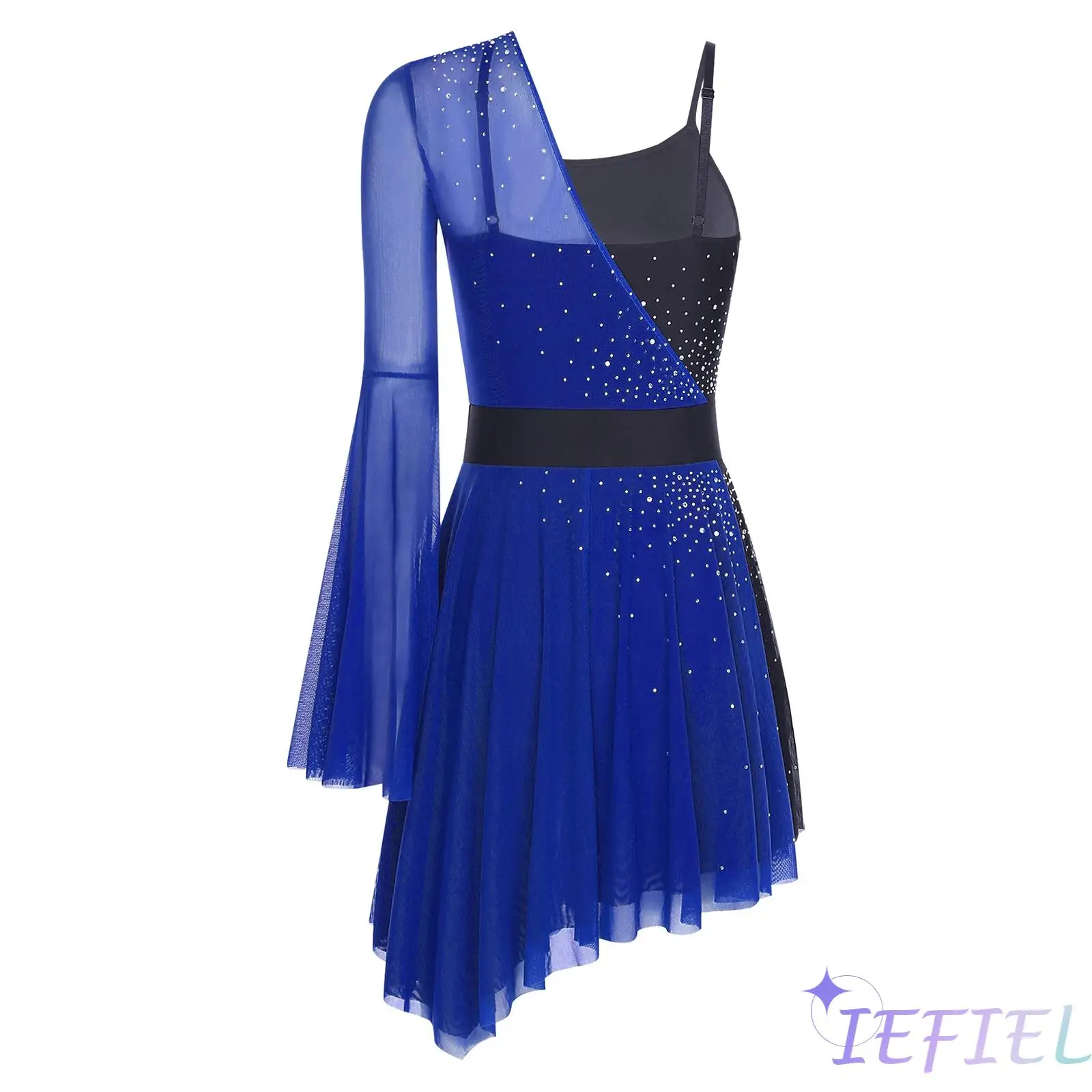 

Womens Contemporary Dance Wear Artistic Skating Leotard Color Block Mesh Asymmetrical Sleeve Ballet Bodysuit for Stage Prom Show