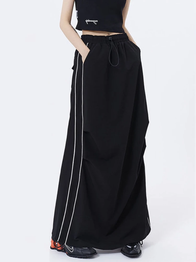 

HOUZHOU Maxi Cargo Skirt Women Black Casual Side Striped High Waist Drawstring Loose Floor Length Long Skirt Vintage Streetwear