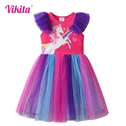 VIKITA Girls Licorne Cartoon Print Dress Kids Flare Sleeve Summer Dresses Infantil Vestidos Girl Colorful Rainbow Princess Dress