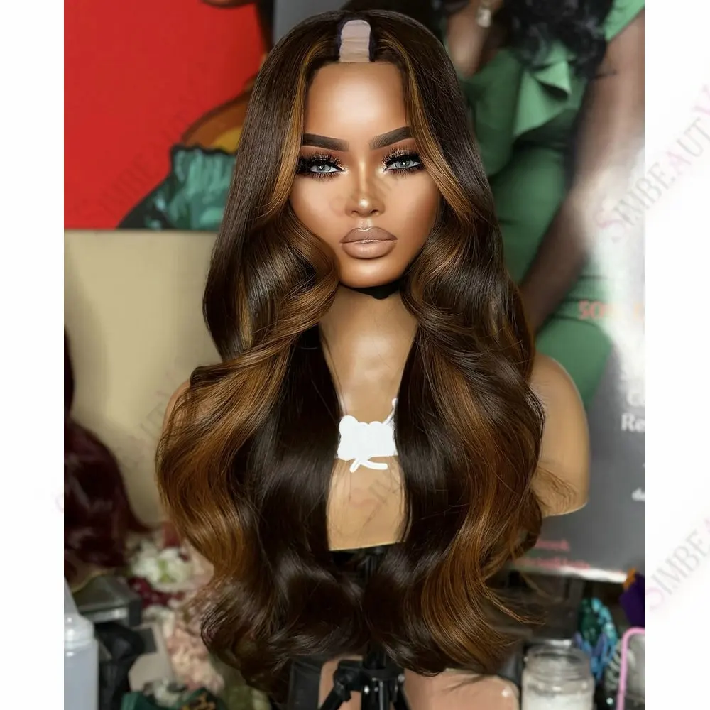 

30inches Glueless Long Body Wave Copper Brown Hightlight 1x4 U Part Wig Remy Human Hair Adjustable V Part Wigs for Black Women