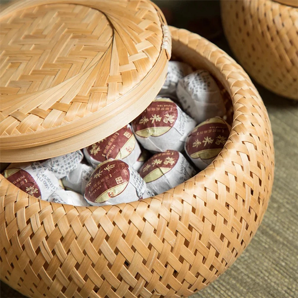 

Bamboo Tea Basket Wicker Storage Baskets with Lids Handwoven Container Bins Snack