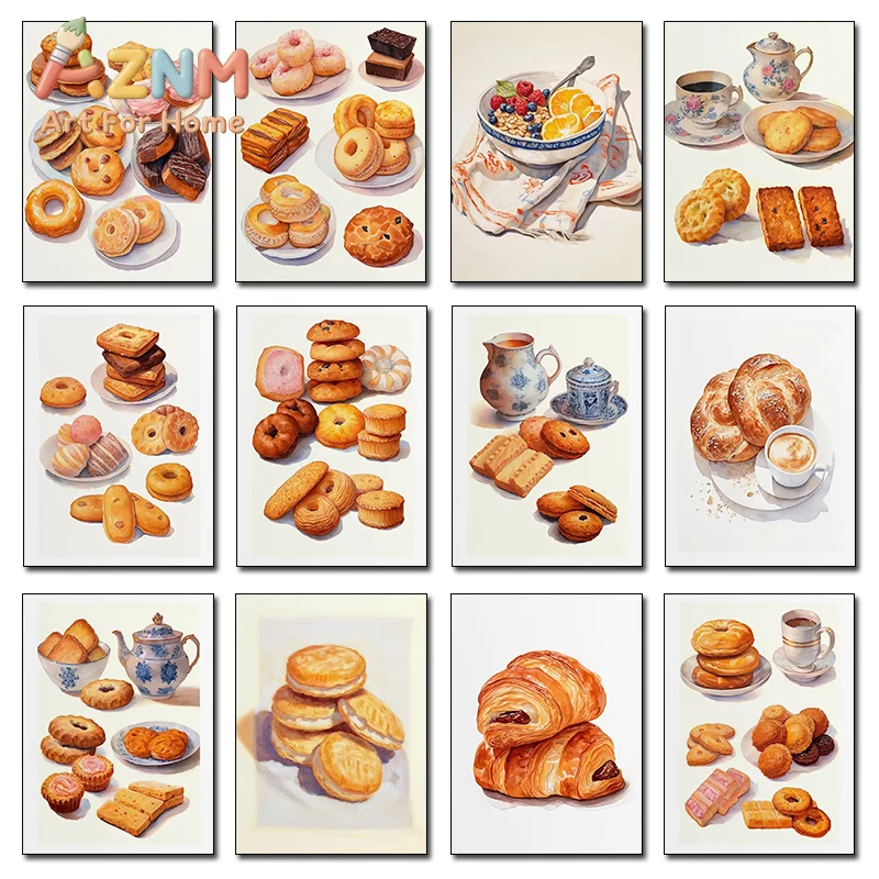 Cookies Watercolor Biscuits Coffee Cereal Bread French Pastry Poster Print Wall Art Pictures Canvas Painting Room Home Decor