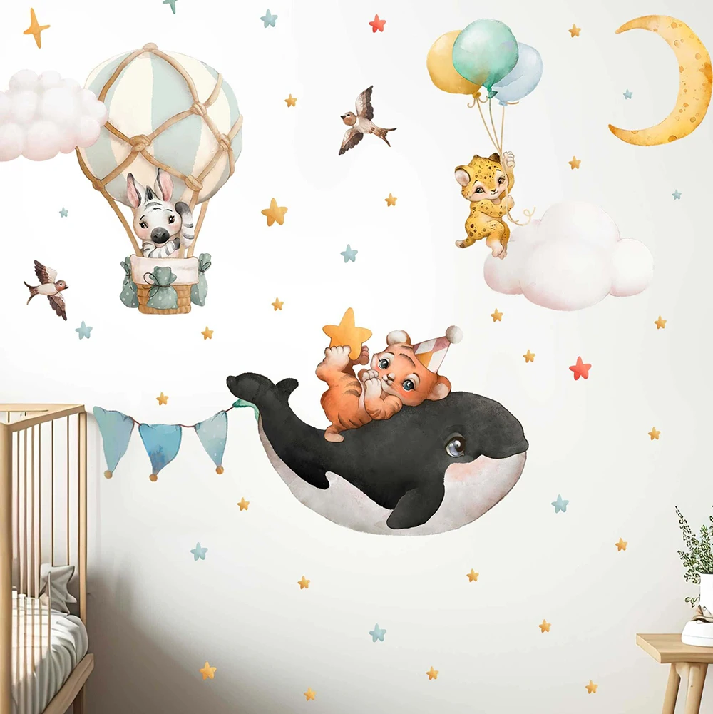 Watercolor Whale Tiger Zebra Balloon Moon Star Wall Sticker Baby Nursery Kids Room Safari Animal Wall Decal Bedroom Home Decor