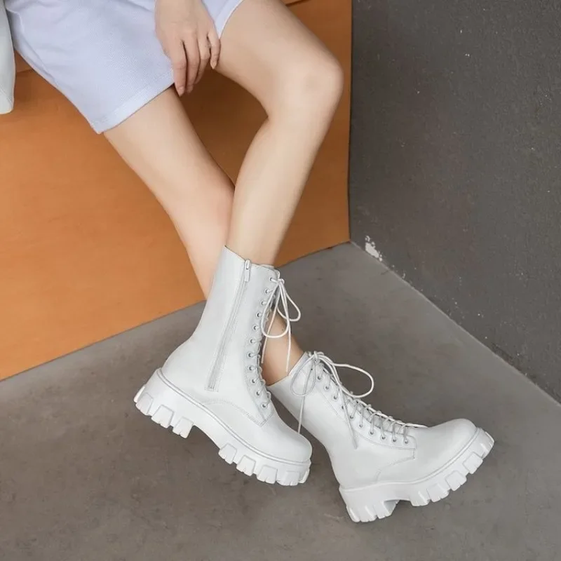 Women\'s Mid Calf Boots Padded Shoes Knee High Winter Sneakers Punk Style Military Casual White Black 2023 Lucury Platform Woman