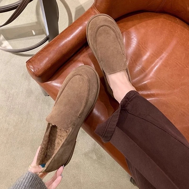 جلد الغزال المتسكعون امرأة جولة تو الانزلاق على عادية شقة امبسوول أحذية السيدات شتاء دافئ الفراء لينة في الهواء الطلق المشي الأحذية #3