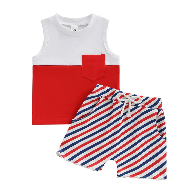 

Одежда на День независимости Cathery для маленьких мальчиков, лоскутные топы без рукавов с круглым вырезом, полосатые шорты с эластичной резинкой на талии, комплект из 2 предметов