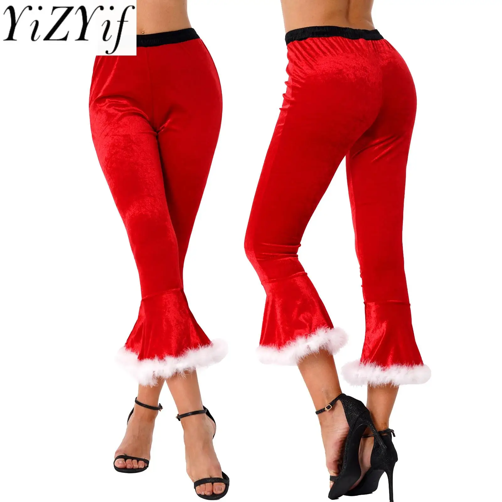 

Women's Christmas Soft Velvet Pants Faux Fur Trim Flared Pants Bell Bottoms Sweatpants Holiday Theme Party Carnival Costume