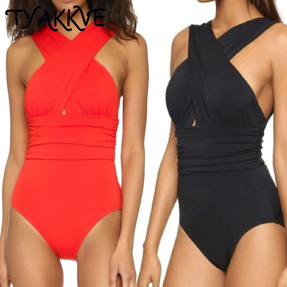 

TYAKKVE One-piece Swimsuit 2024 Women Swimwear Red Solid Bikini Sexy Cross Halter Tankini Bathing Suit Plus Size Swimming suit