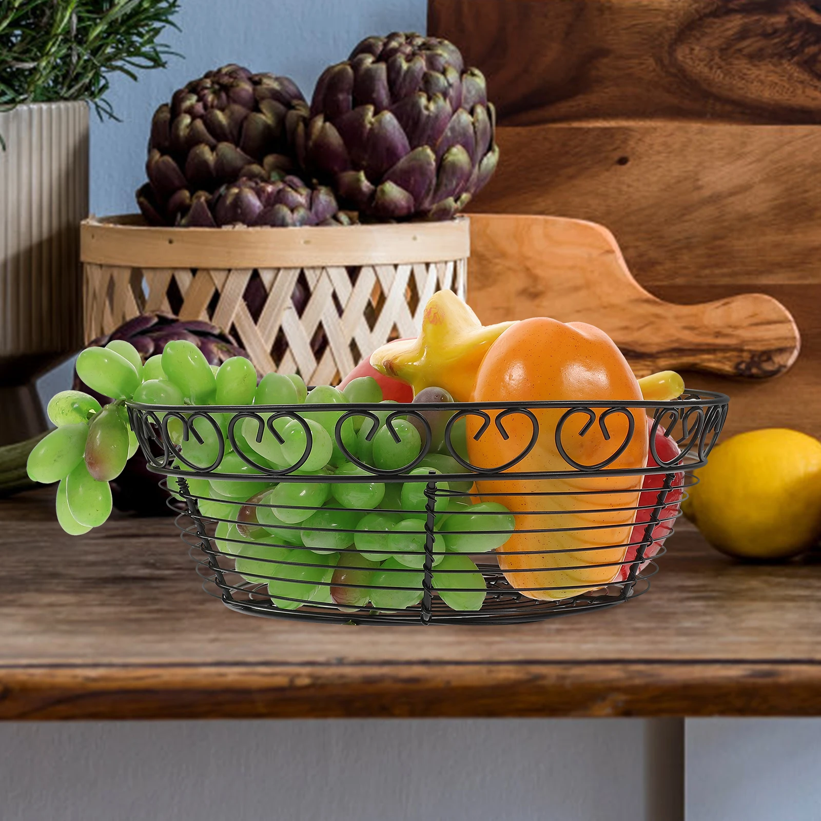 

Iron Bread Basket Household Vegetable Storage Black Fruit Bowl Round Wire Metal Baskets Kitchen Bar Utensils Serving Snacks